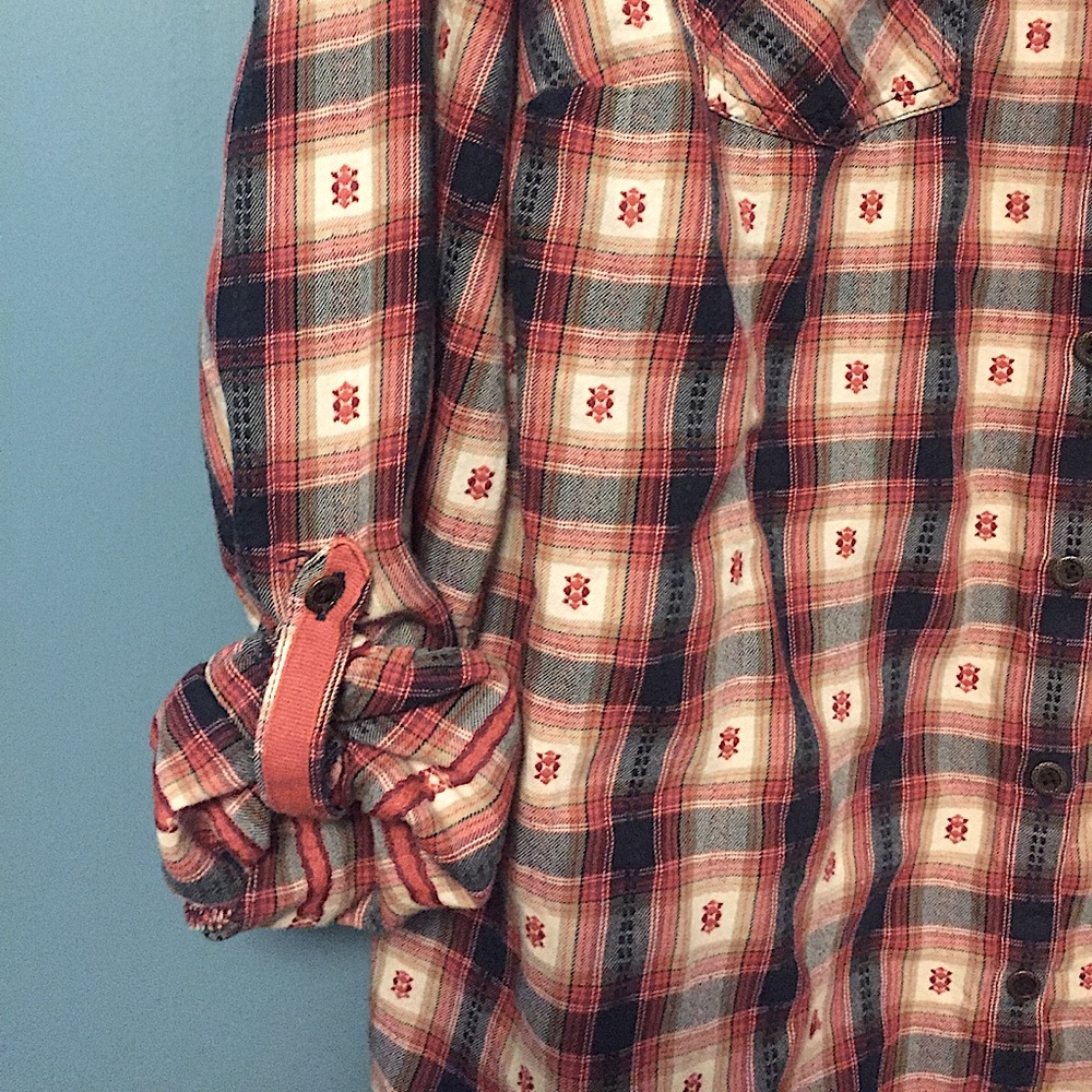 db Red, White, Blue and Tan Plaid Blouse